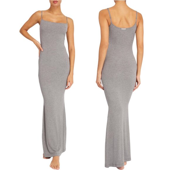 Skims Soft Lounge Long Slip Dress in Heather Gray Ribbed Maxi L - Picture 1 of 8